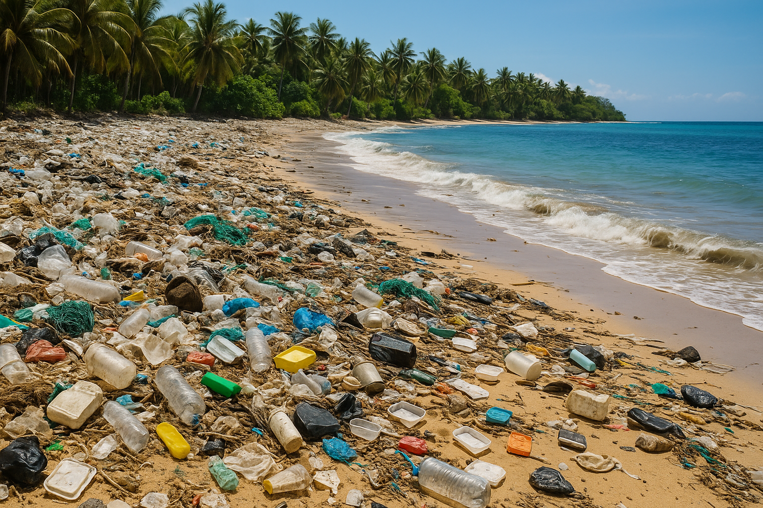 Heavily polluted beach in Bali without boats